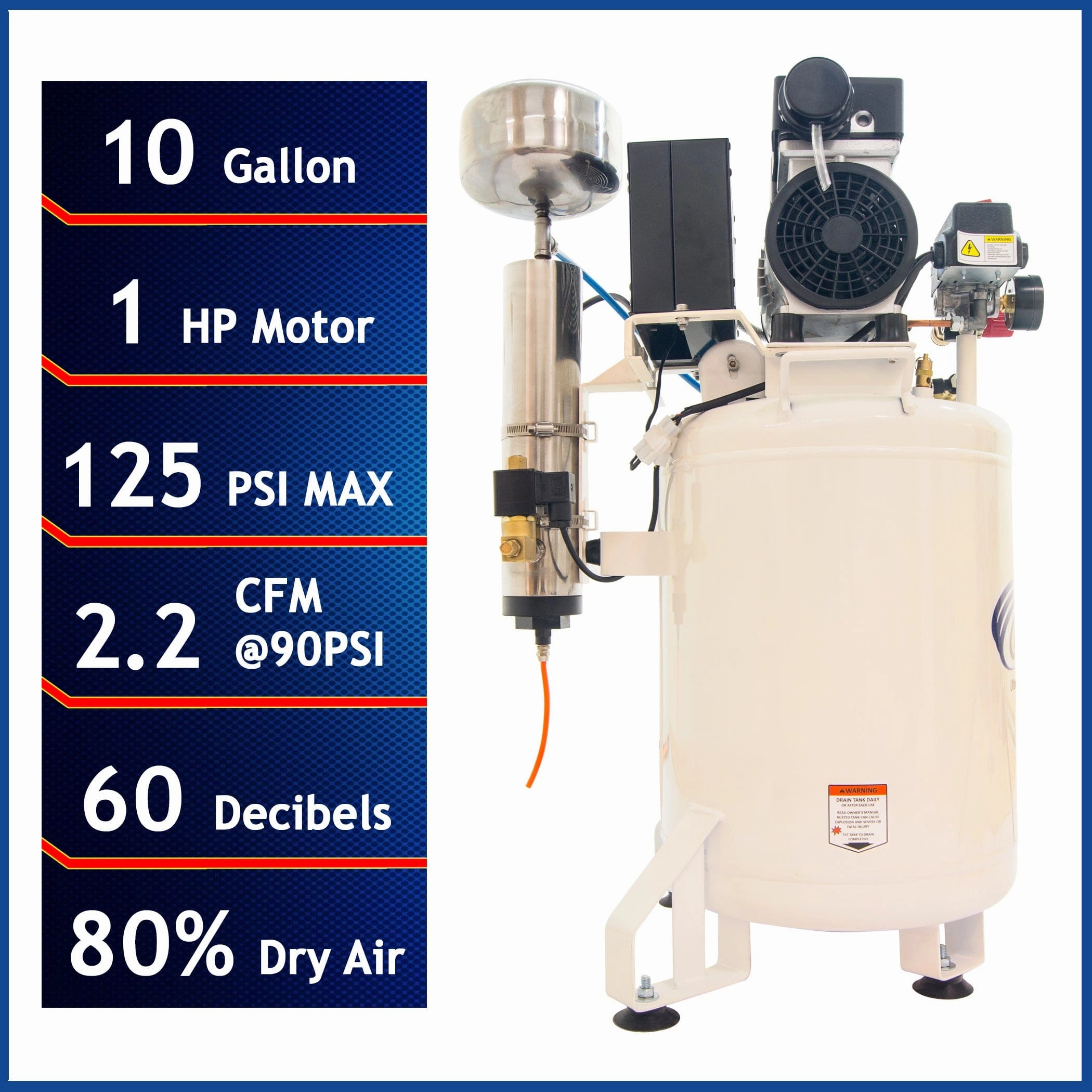 1HP 10 Gallon Oil-Free Steel Tank Air Compressor with Air Drying System and Aftercooler