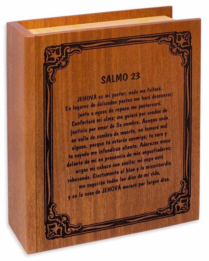 Bible Wood Inlay Cremation Urn with Psalm 23 in Spanish