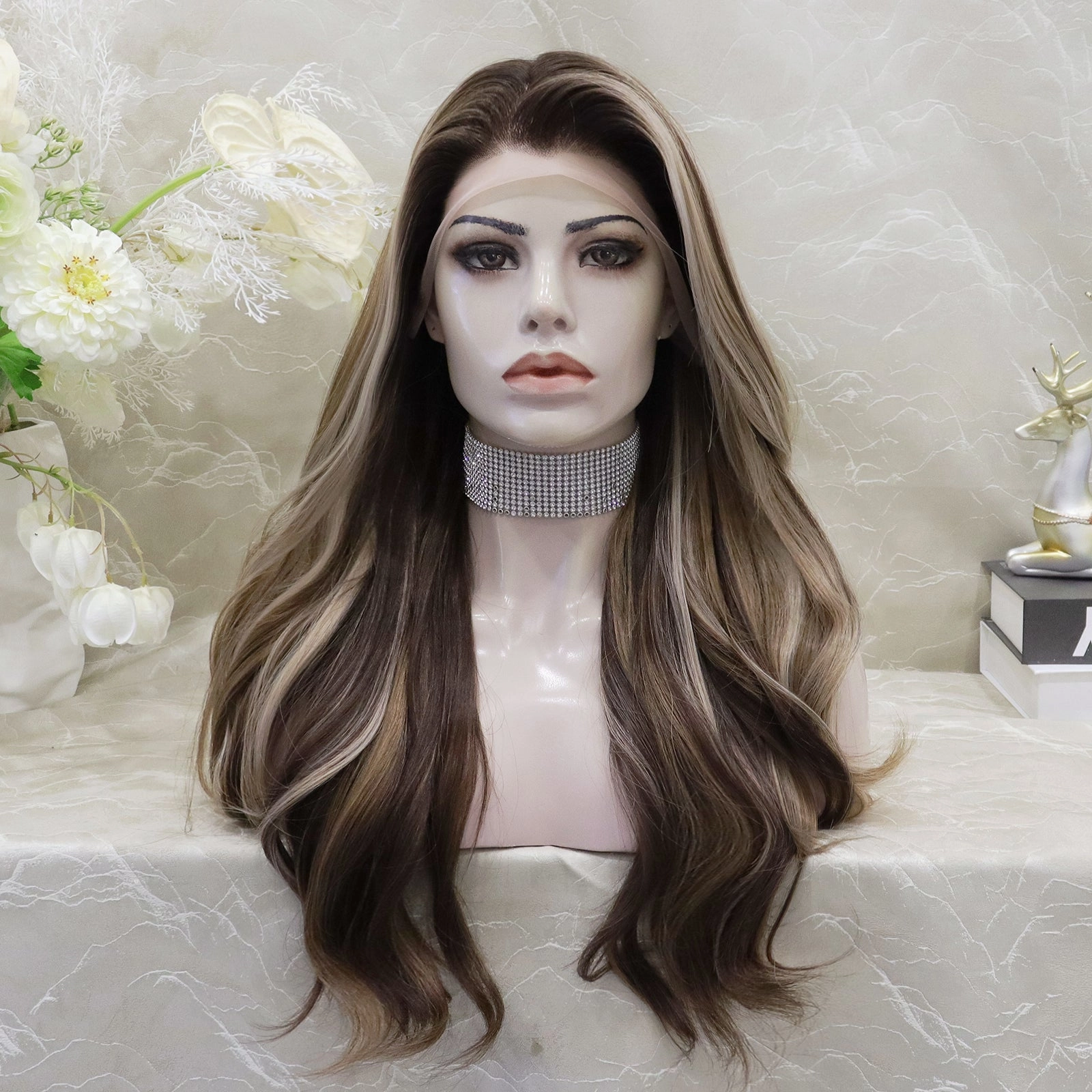 Brenda Collection-Aneisa sunkiss Brown and Blonde highlight 13*4 Free parting Lace Front synthetic Daily style