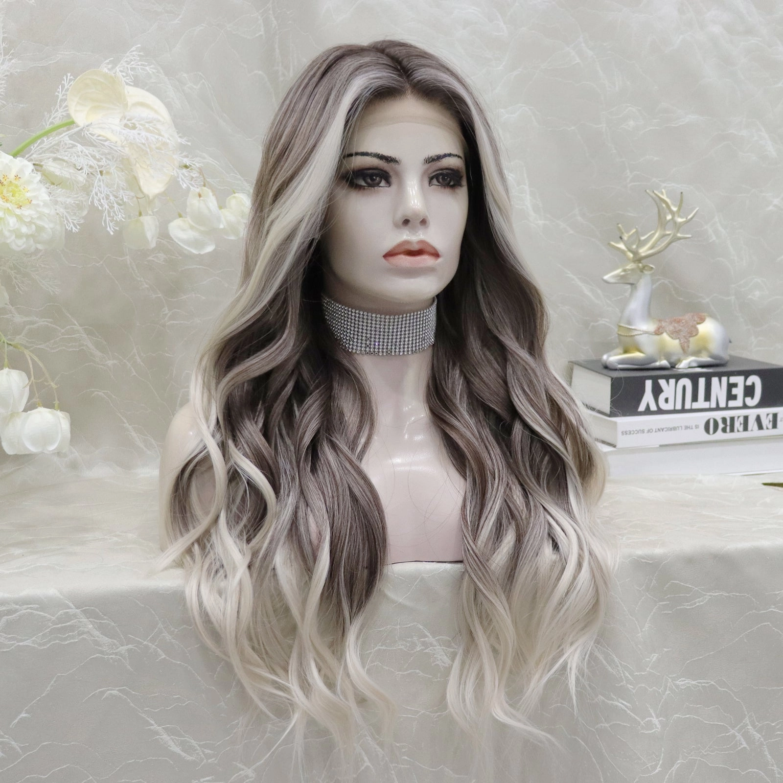 Brenda Collection-Holiday 26inches Ombre Grey blonde long Daily Lace Front wig Glueless