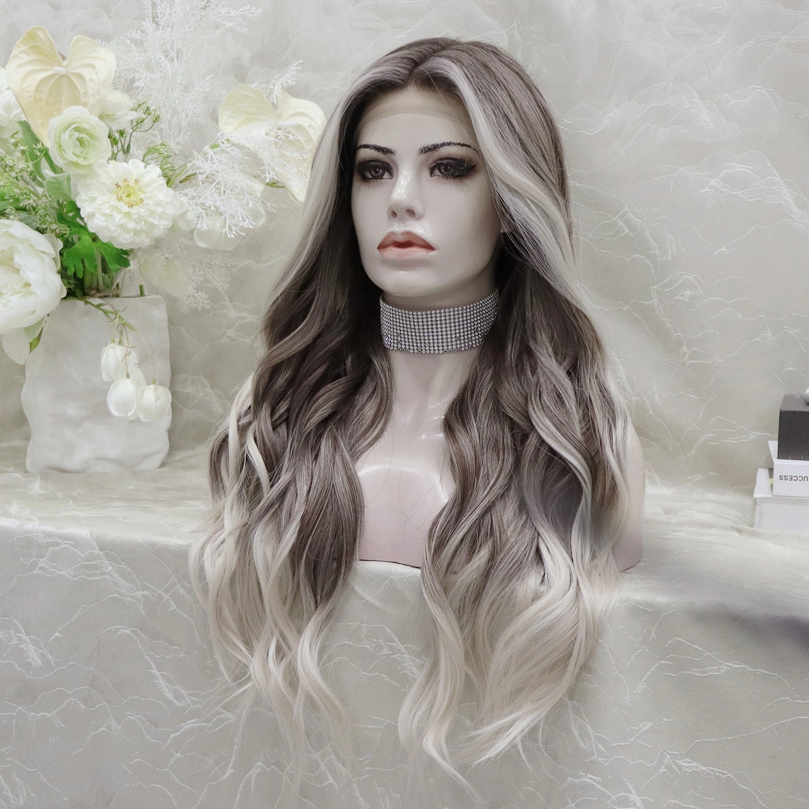 Brenda Collection-Holiday 26inches Ombre Grey blonde long Daily Lace Front wig Glueless