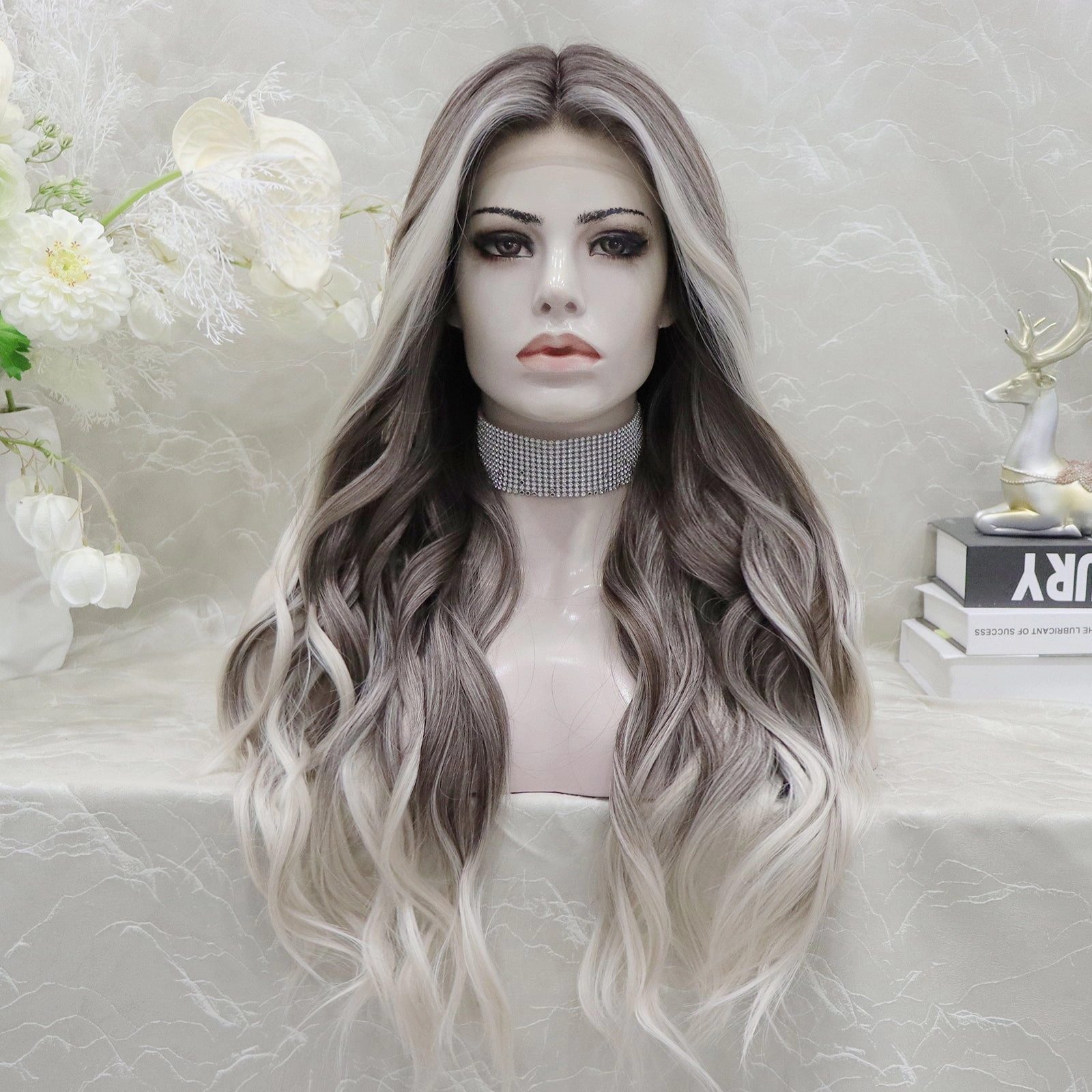 Brenda Collection-Holiday 26inches Ombre Grey blonde long Daily Lace Front wig Glueless