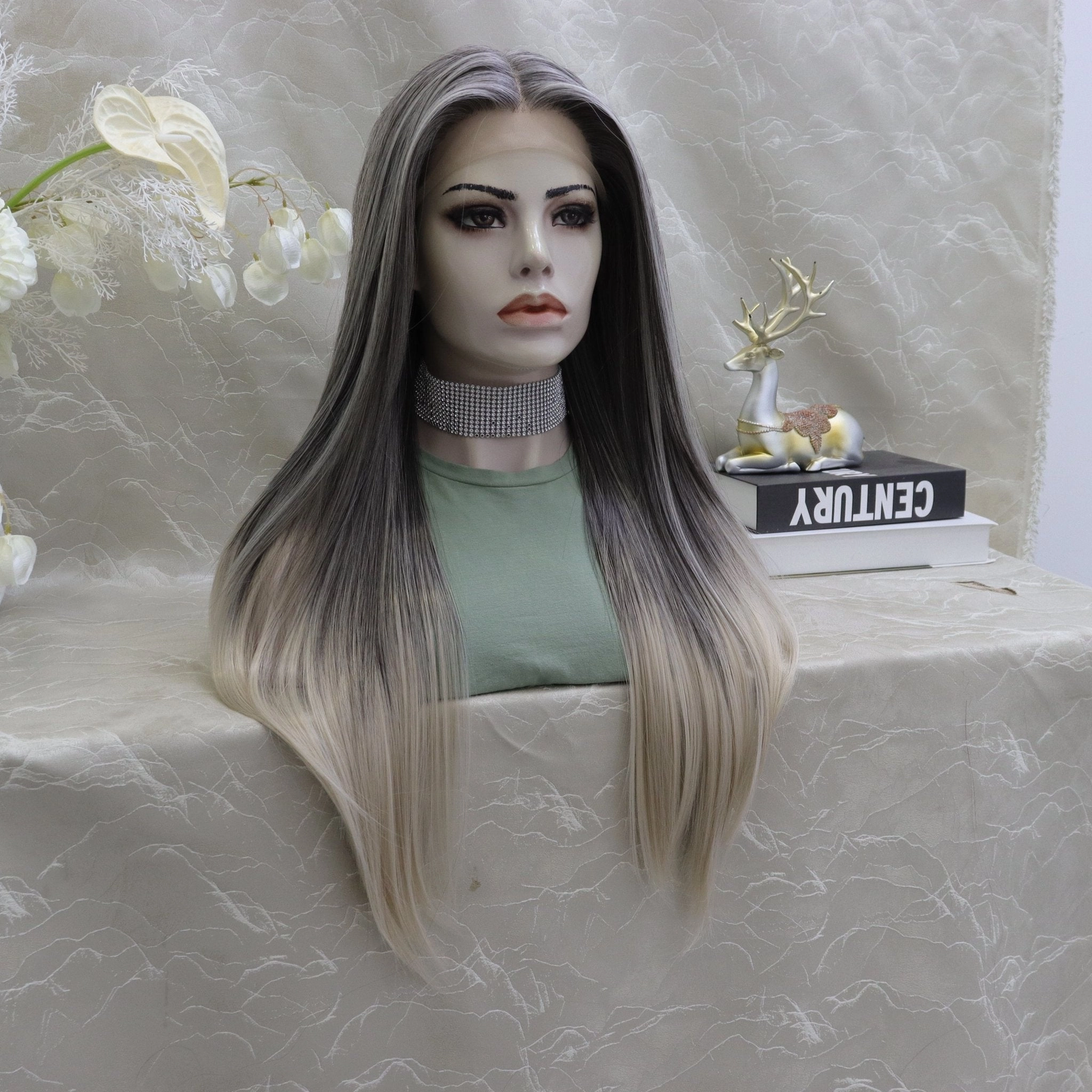 Brenda Collection-Luisa grey ombré straight style T-part lace front Glue less TS75-2414
