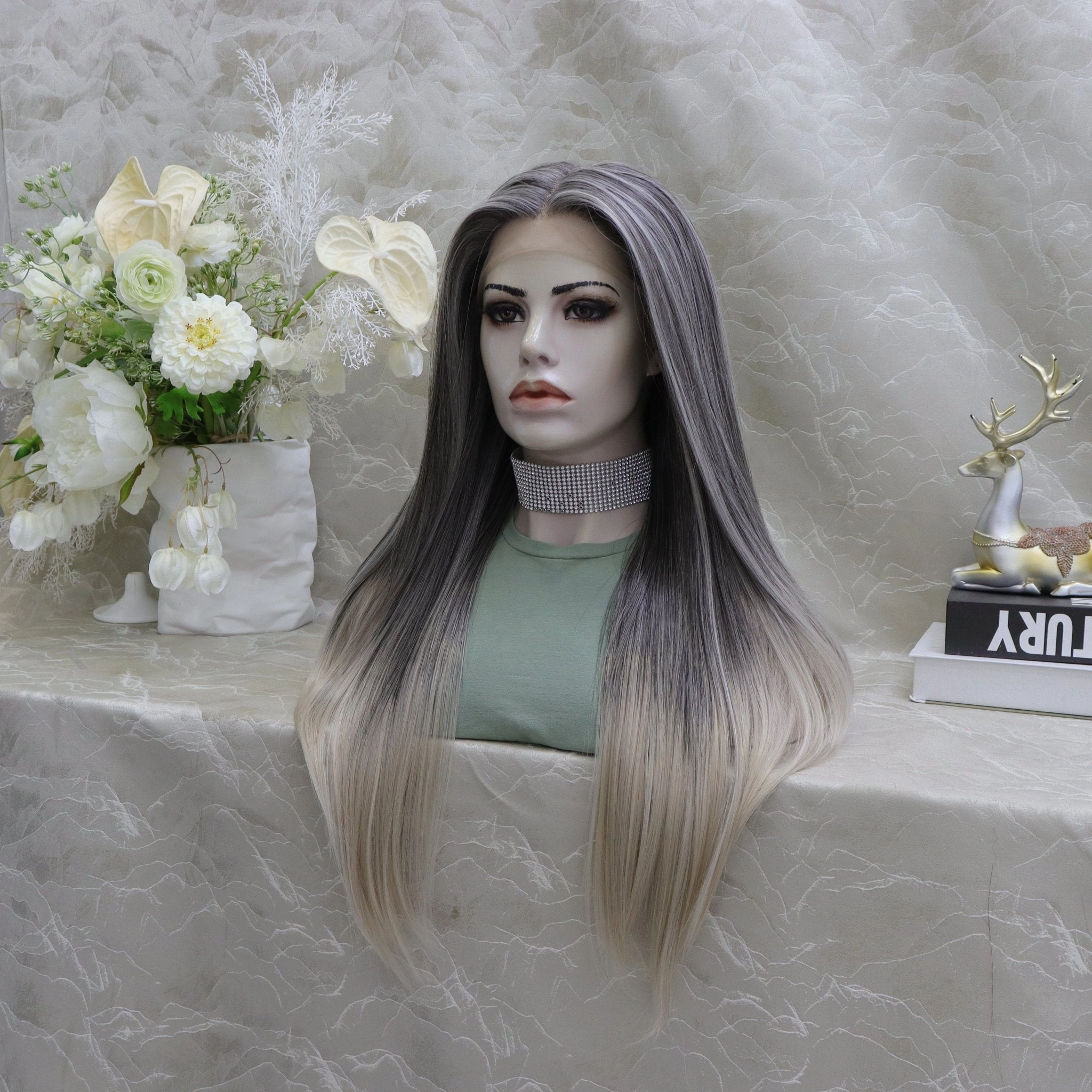 Brenda Collection-Luisa grey ombré straight style T-part lace front Glue less TS75-2414