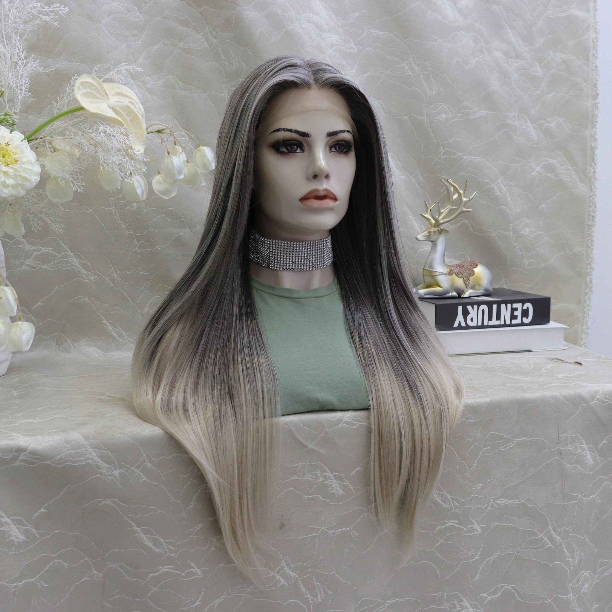 Brenda Collection-Luisa grey ombré straight style T-part lace front Glue less TS75-2414