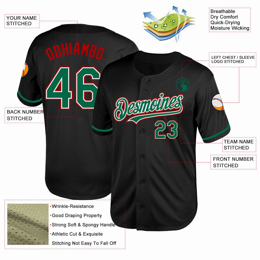 Custom Black Kelly Green-Red Mesh Authentic Throwback Baseball Jersey