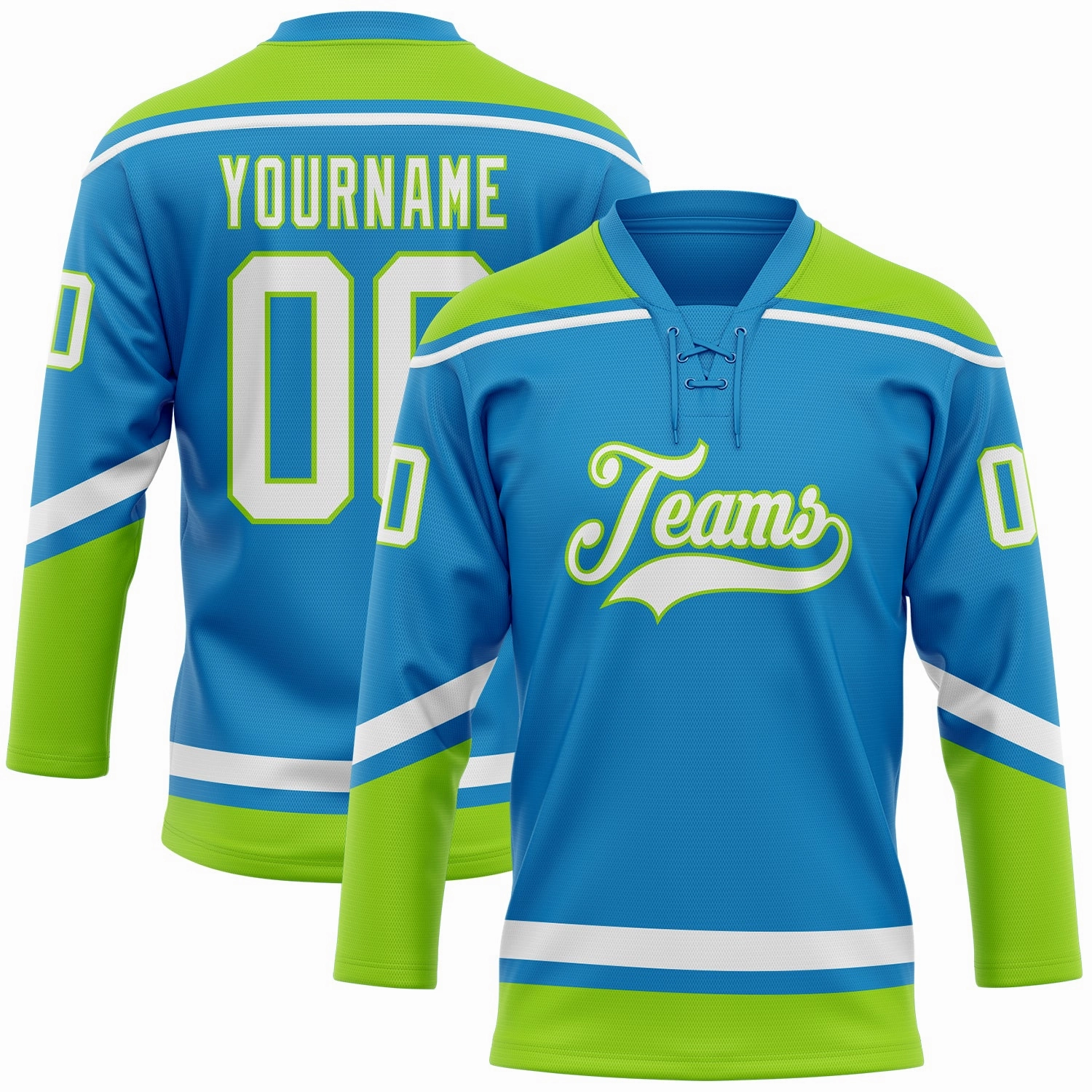 Custom Blue White-Neon Green Hockey Lace Neck Jersey