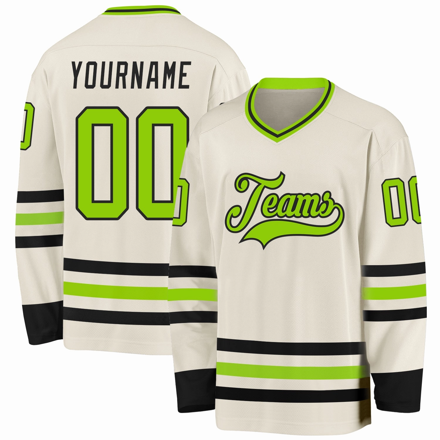 Custom Cream Neon Green-Black Hockey Jersey