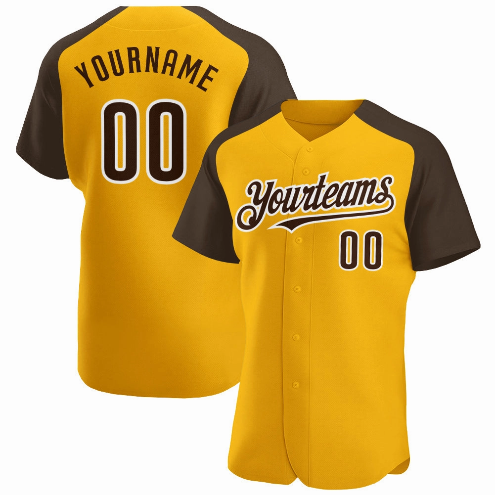 Custom Gold Brown-White Authentic Raglan Sleeves Baseball Jersey