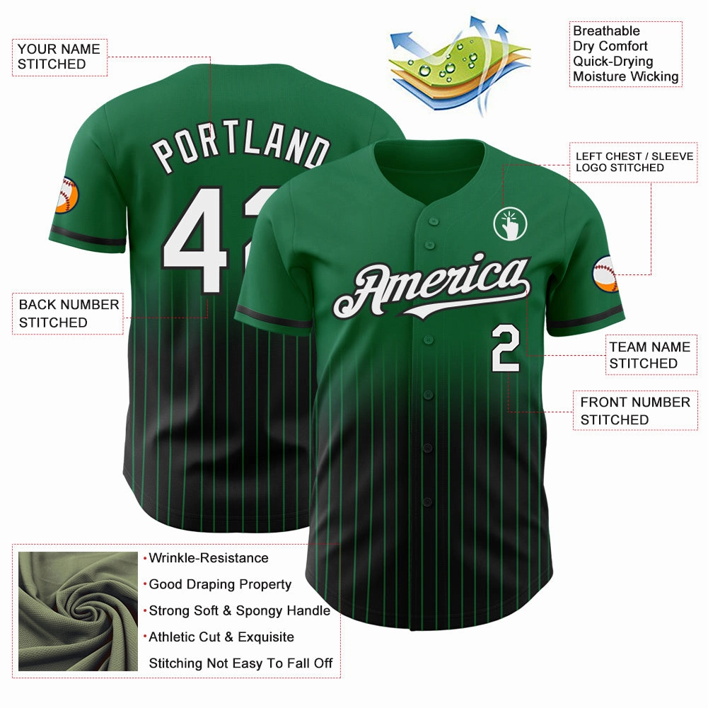 Custom Kelly Green Pinstripe White-Black Authentic Fade Fashion Baseball Jersey