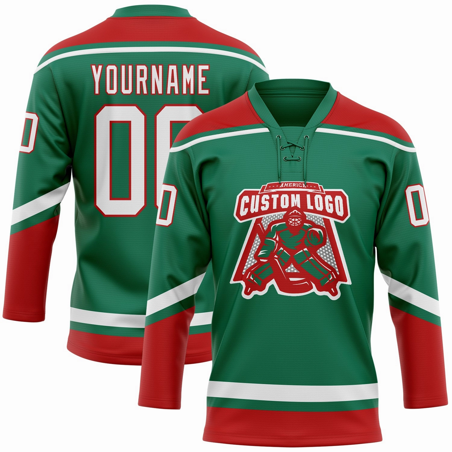 Custom Kelly Green White-Red Hockey Lace Neck Jersey