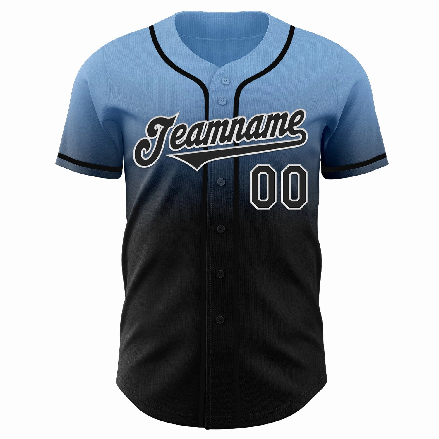 Custom Light Blue Black-White Authentic Fade Fashion Baseball Jersey