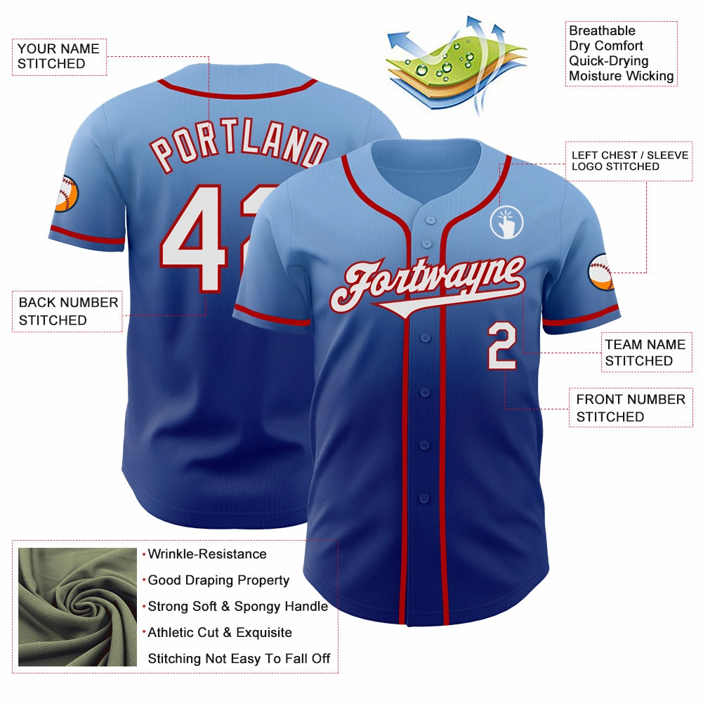 Custom Light Blue White Royal-Red Authentic Fade Fashion Baseball Jersey
