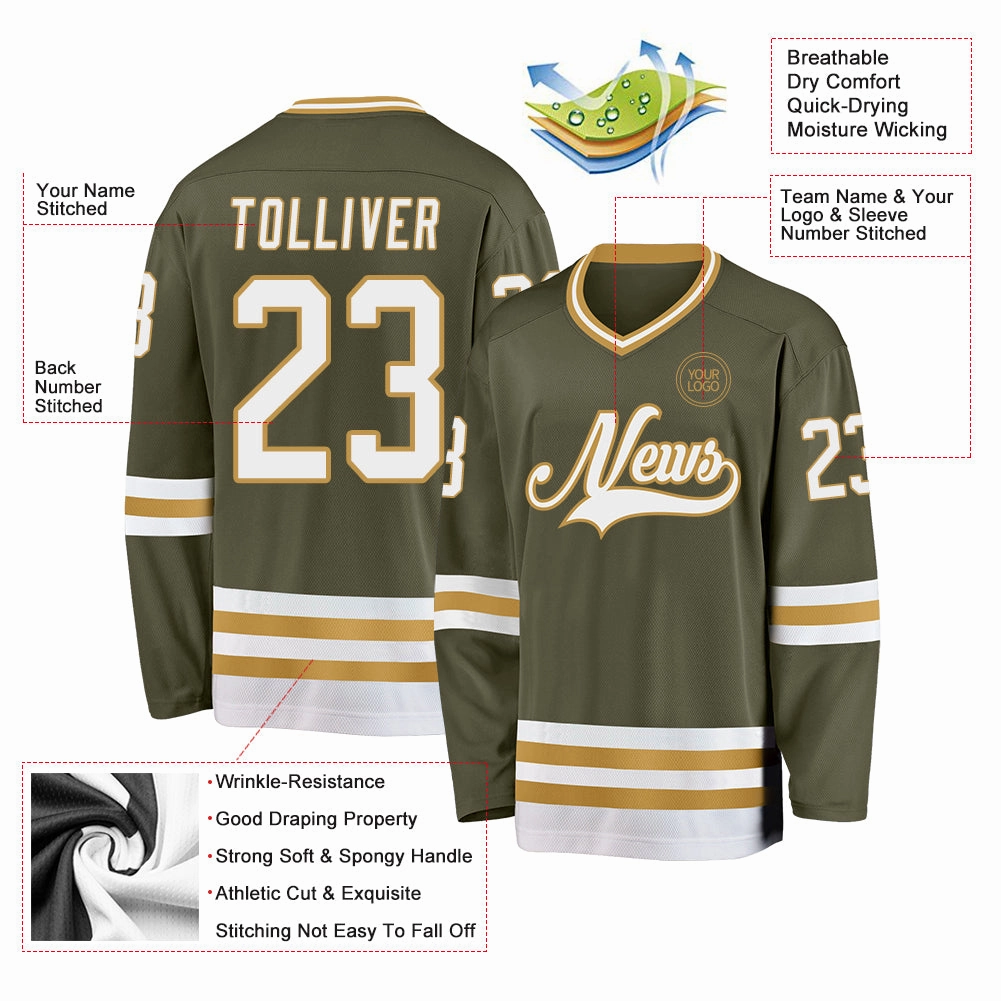 Custom Olive White-Old Gold Salute To Service Hockey Jersey