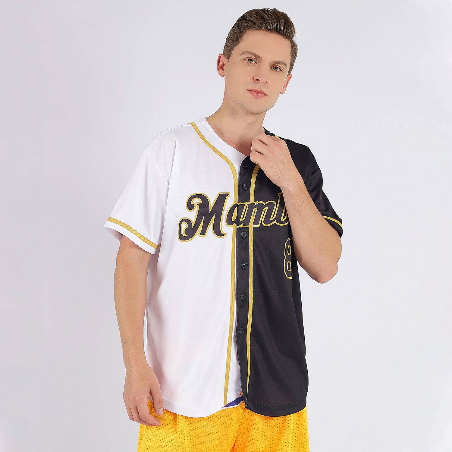 Custom White-Black Old Gold Authentic Split Fashion Baseball Jersey