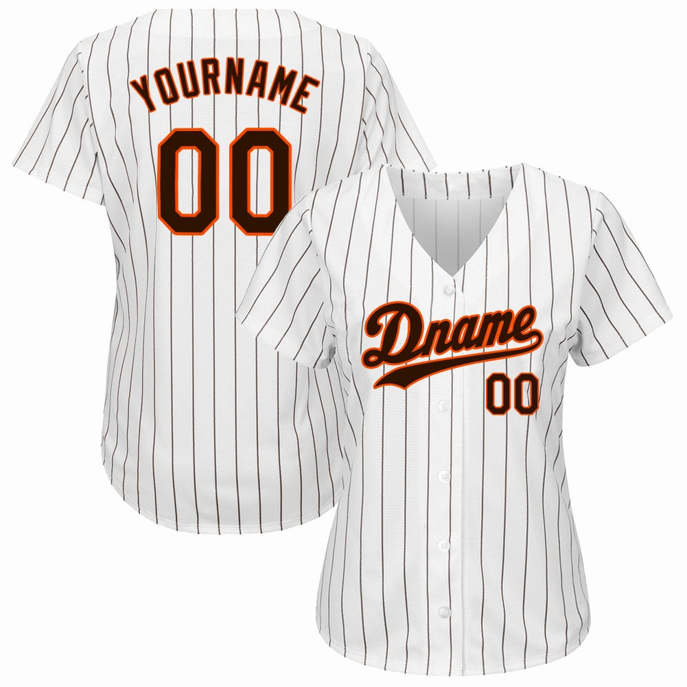 Custom White Brown Pinstripe Brown-Orange Authentic Baseball Jersey