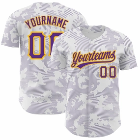 Custom White Purple-Gold 3D Pattern Design Curve Lines Authentic Baseball Jersey