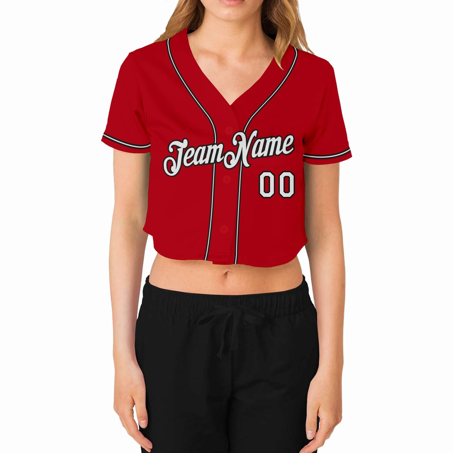 Custom Women's Red White-Black V-Neck Cropped Baseball Jersey