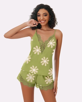 Floral Pajama Set Lace Trim Short PJ Set
