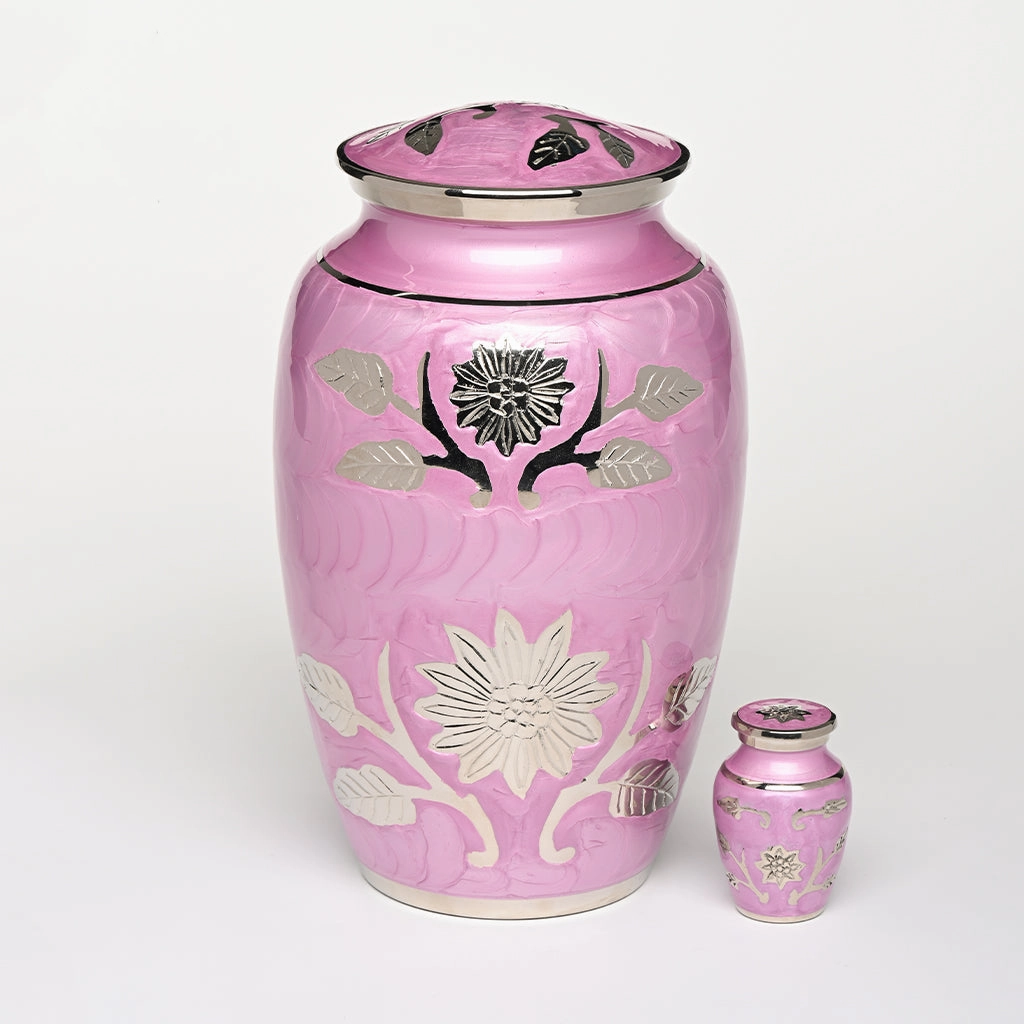 Floral Symphony Brass Urn in Lilac with Hand Carved Flower Art