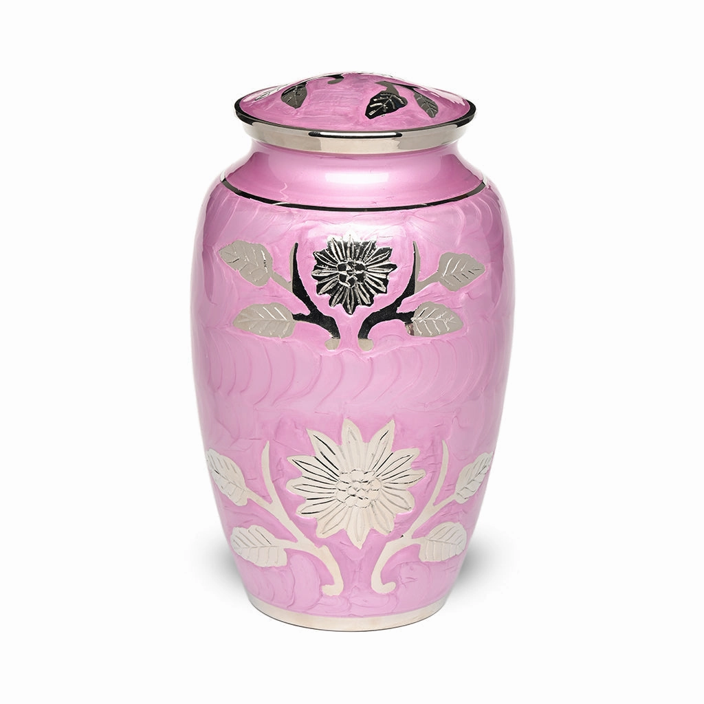 Floral Symphony Brass Urn in Lilac with Hand Carved Flower Art