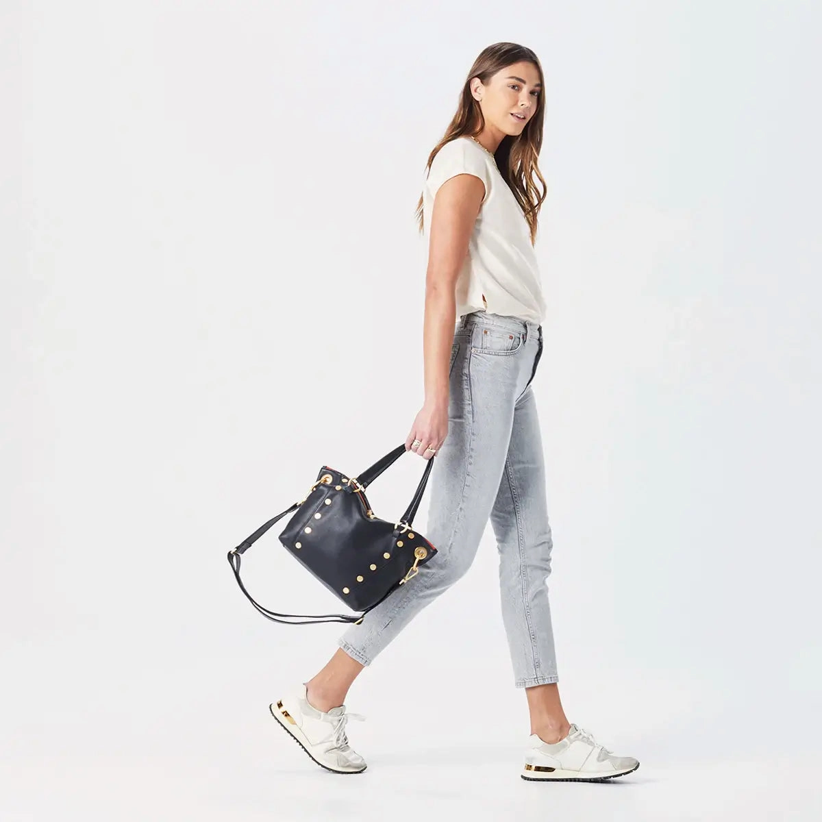 Hammitt Daniel Med Leather Satchel Bag Black/Brushed Gold Red Zip