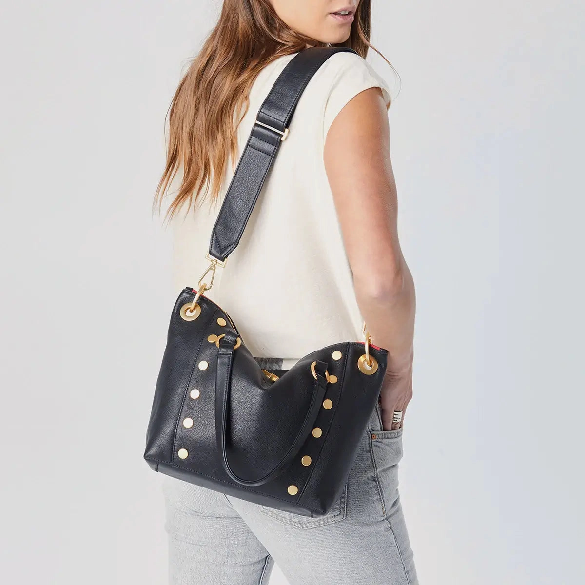Hammitt Daniel Med Leather Satchel Bag Black/Brushed Gold Red Zip