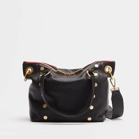 Hammitt Daniel Med Leather Satchel Bag Black/Brushed Gold Red Zip