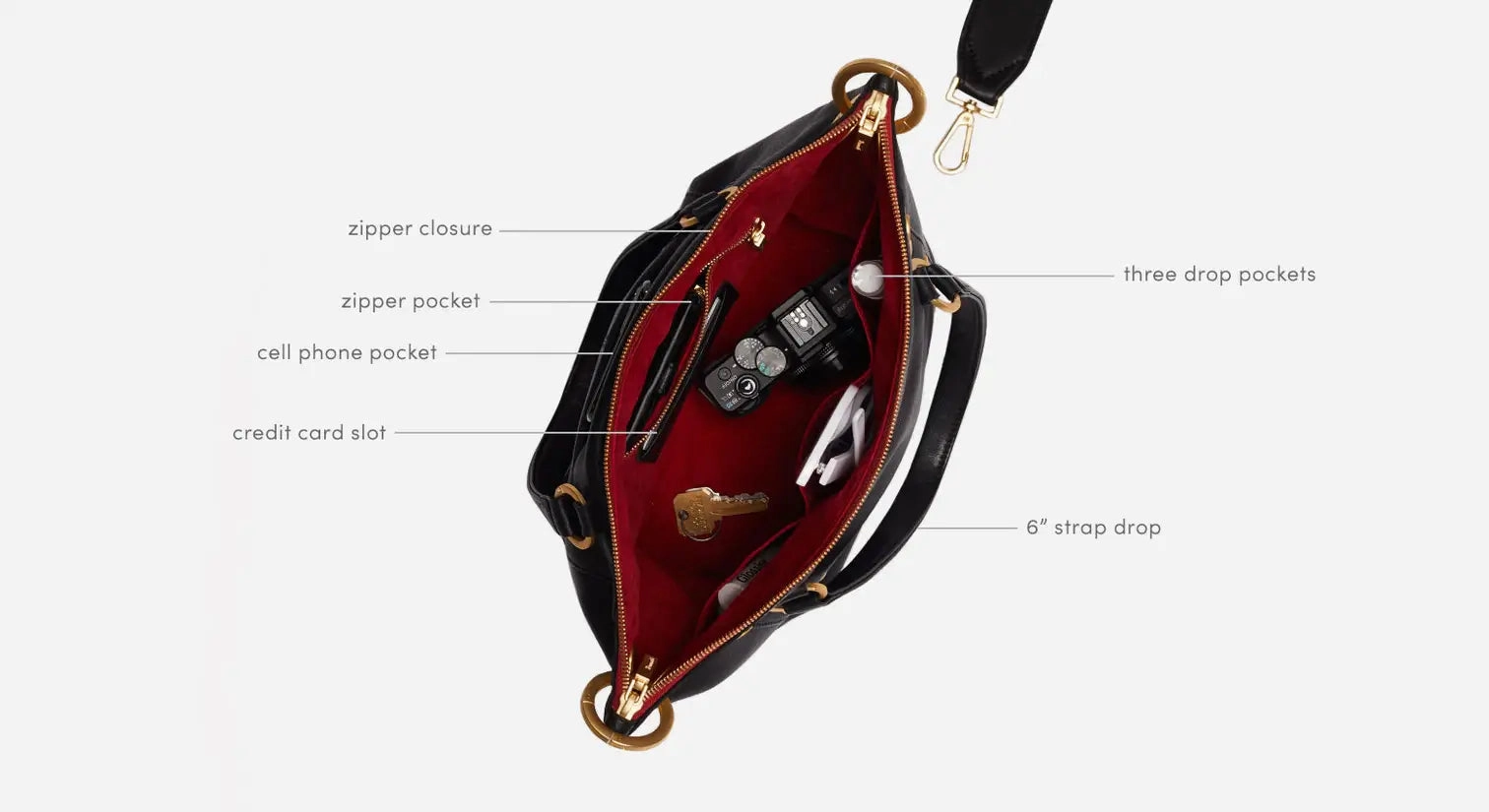 Hammitt Daniel Med Leather Satchel Bag Black/Brushed Gold Red Zip