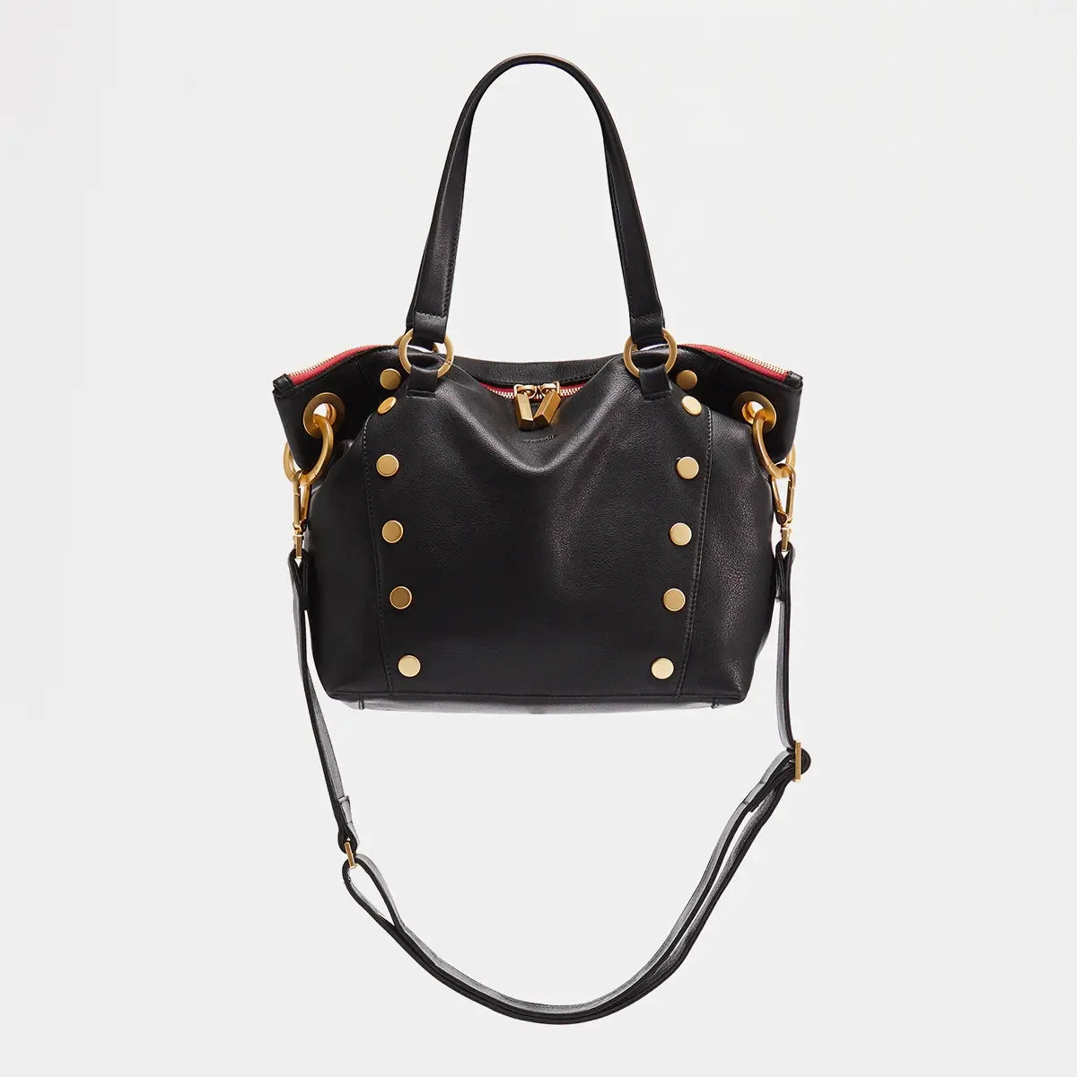 Hammitt Daniel Med Leather Satchel Bag Black/Brushed Gold Red Zip