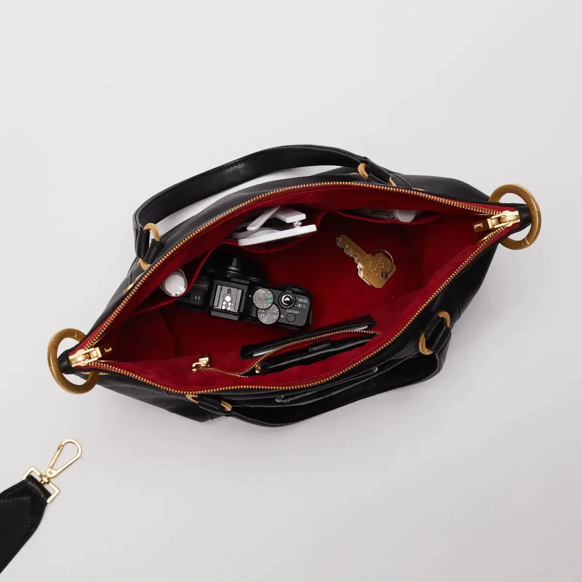 Hammitt Daniel Med Leather Satchel Bag Black/Brushed Gold Red Zip