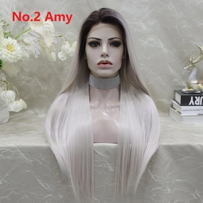 IMstyle Amy New Long Straight grey blonde with dark rooting Lace Front synthetic wig 13*4 Free parting
