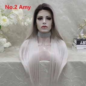 IMstyle Amy New Long Straight grey blonde with dark rooting Lace Front synthetic wig 13*4 Free parting