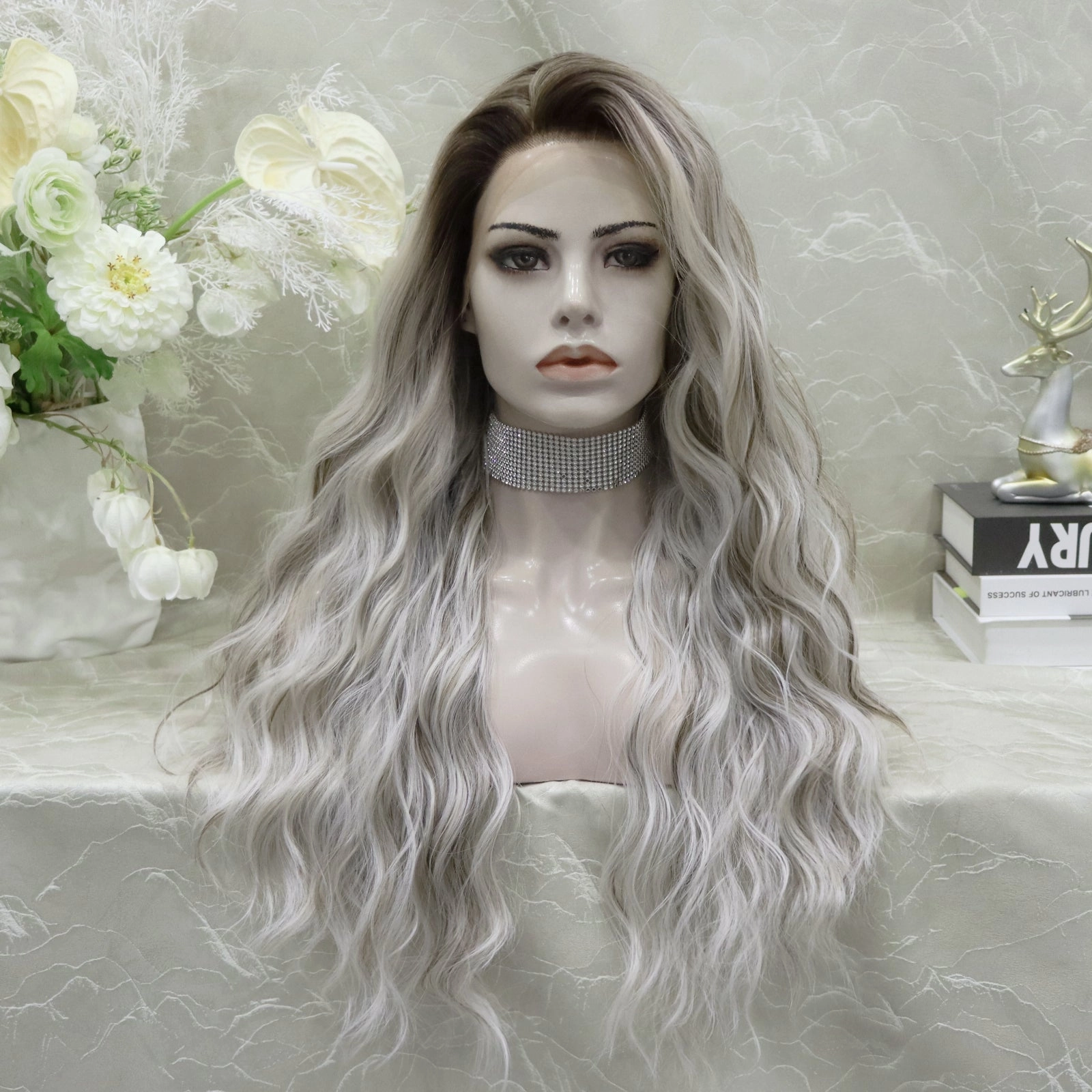 IMstyle Cathy water Wave Grey with Brown rooting 26 inches 13*4 lace Front Synthetic wig