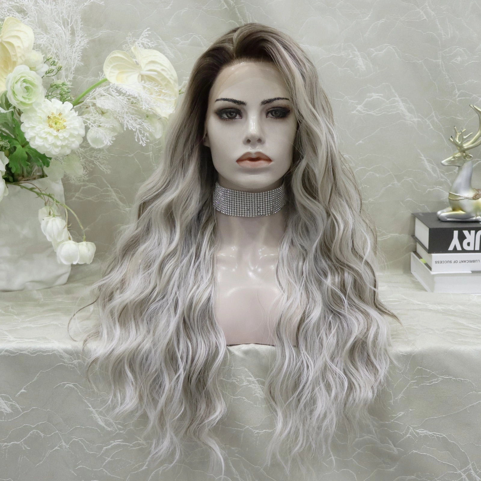 IMstyle Cathy water Wave Grey with Brown rooting 26 inches 13*4 lace Front Synthetic wig