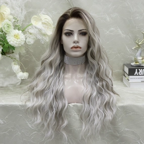 IMstyle Cathy water Wave Grey with Brown rooting 26 inches 13*4 lace Front Synthetic wig