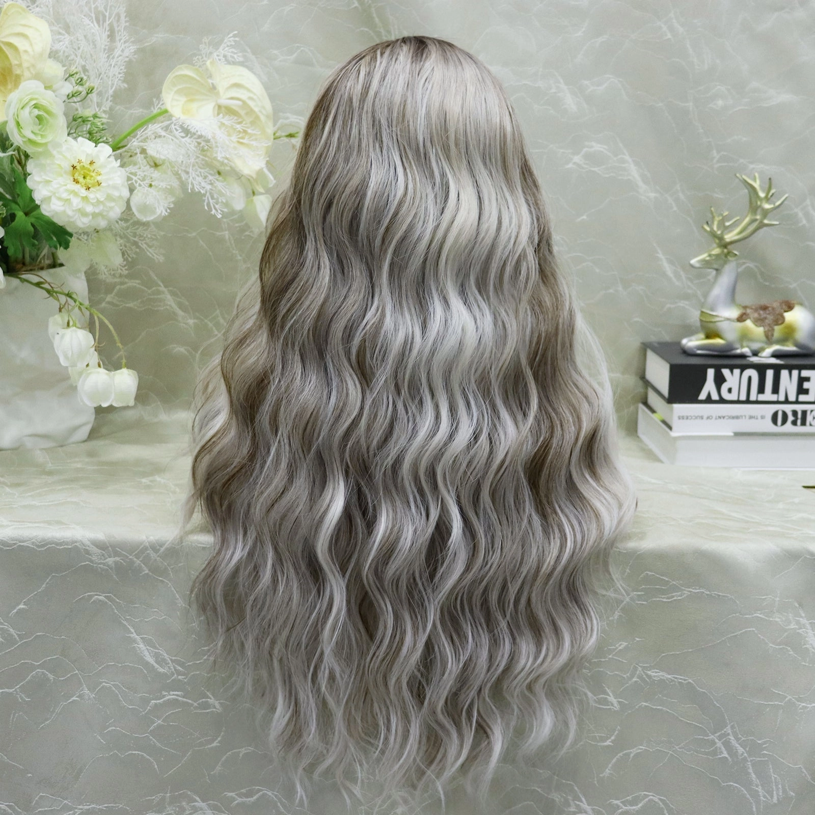 IMstyle Cathy water Wave Grey with Brown rooting 26 inches 13*4 lace Front Synthetic wig