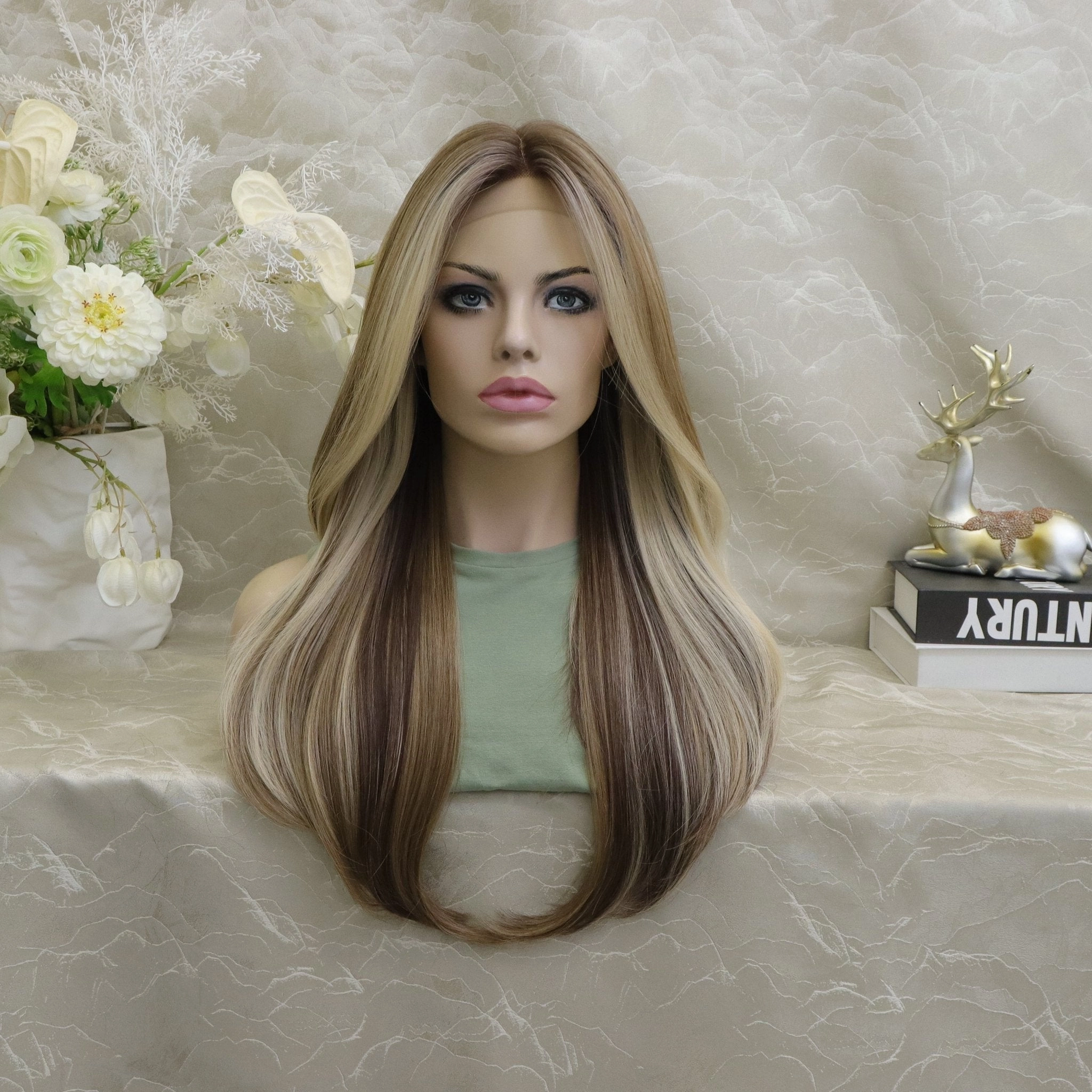 Imstylewigs Hallie T-Part Glueless 26inches Light Brown With Golden Highlights Lace Front Wigs (sharaCollection)