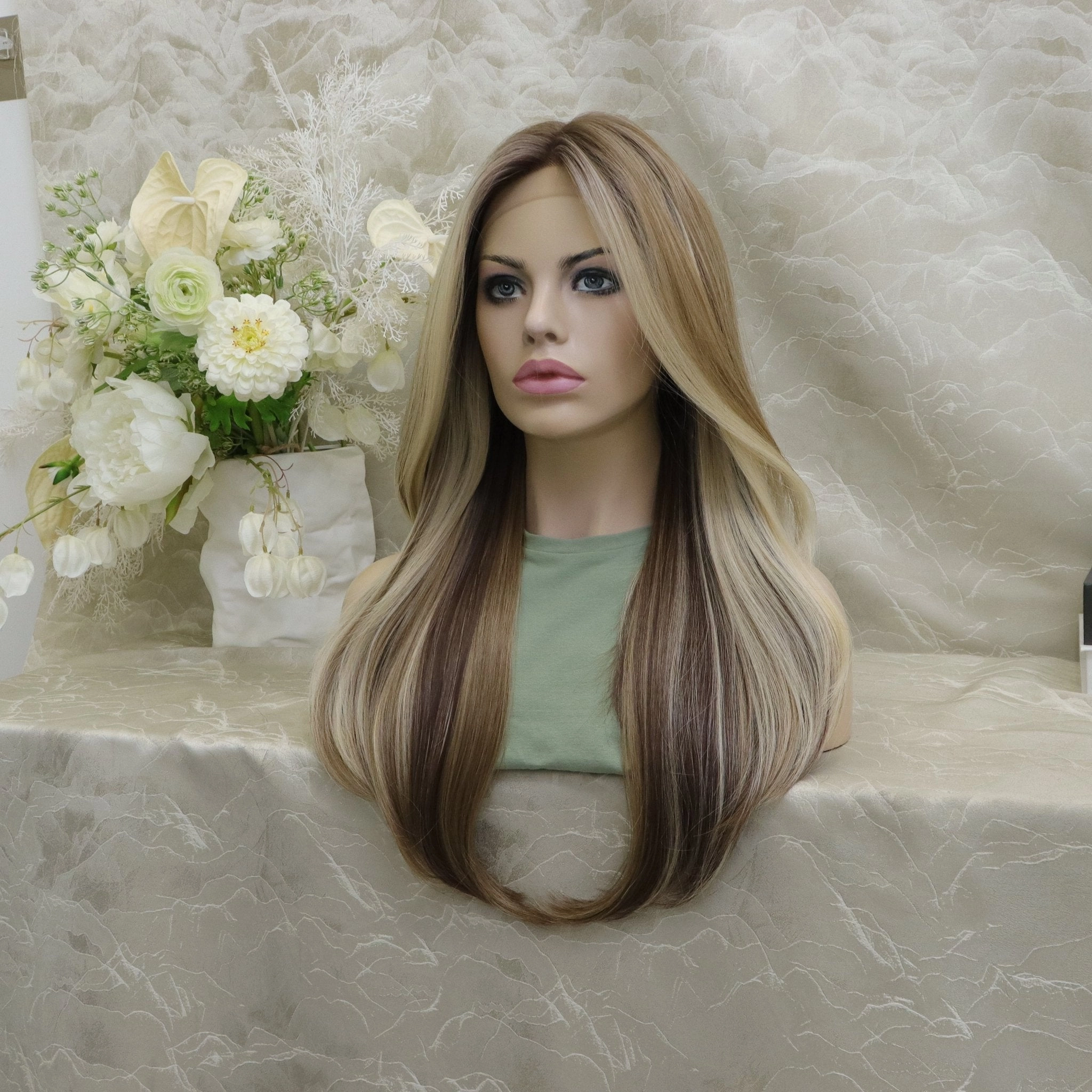 Imstylewigs Hallie T-Part Glueless 26inches Light Brown With Golden Highlights Lace Front Wigs (sharaCollection)
