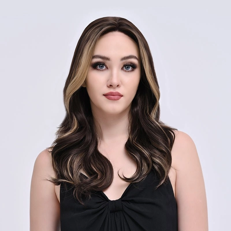 Imstylewigs-Lia-22 inches Skunk stripe Highlight dark brown body wavy lace wigs