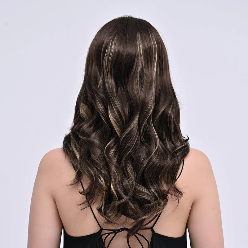 Imstylewigs-Lia-22 inches Skunk stripe Highlight dark brown body wavy lace wigs