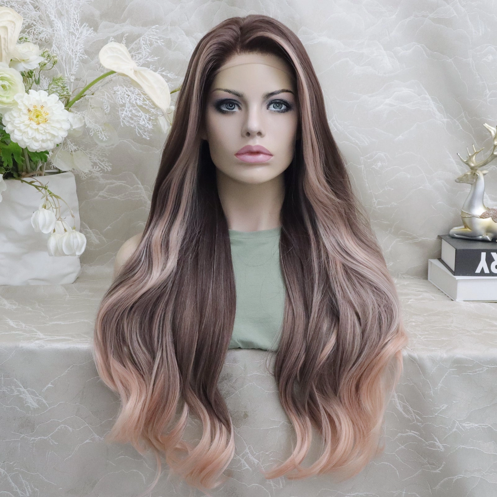 Imstylewigs Pinkshow 28 inches brown with pink highlight peachy pink Lace Front Wig