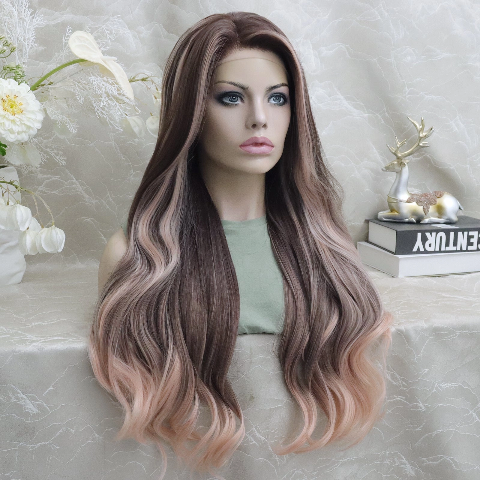 Imstylewigs Pinkshow 28 inches brown with pink highlight peachy pink Lace Front Wig