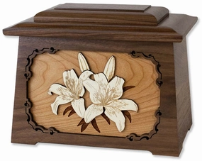 Lilies Astoria Cremation Urn with Wood Inlay Art