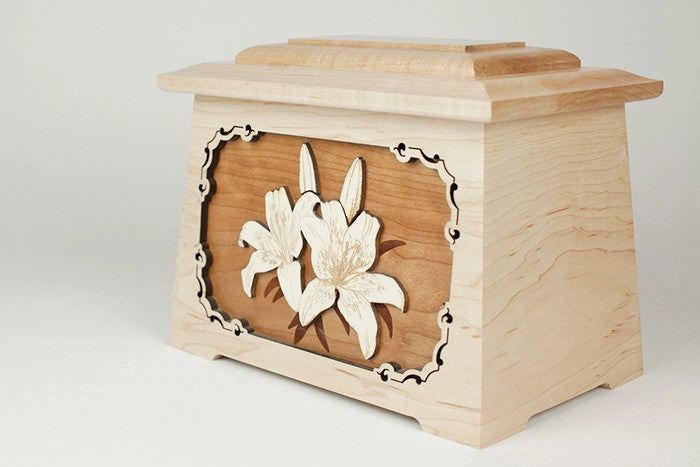 Lilies Astoria Cremation Urn with Wood Inlay Art