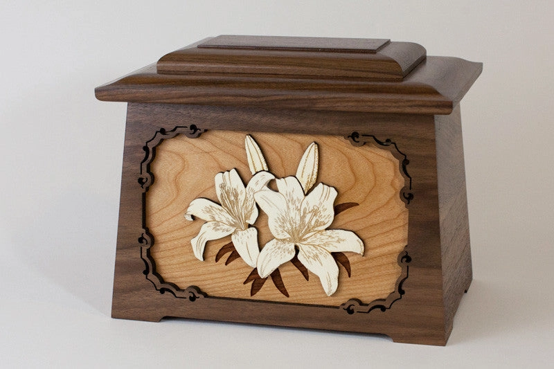 Lilies Astoria Cremation Urn with Wood Inlay Art