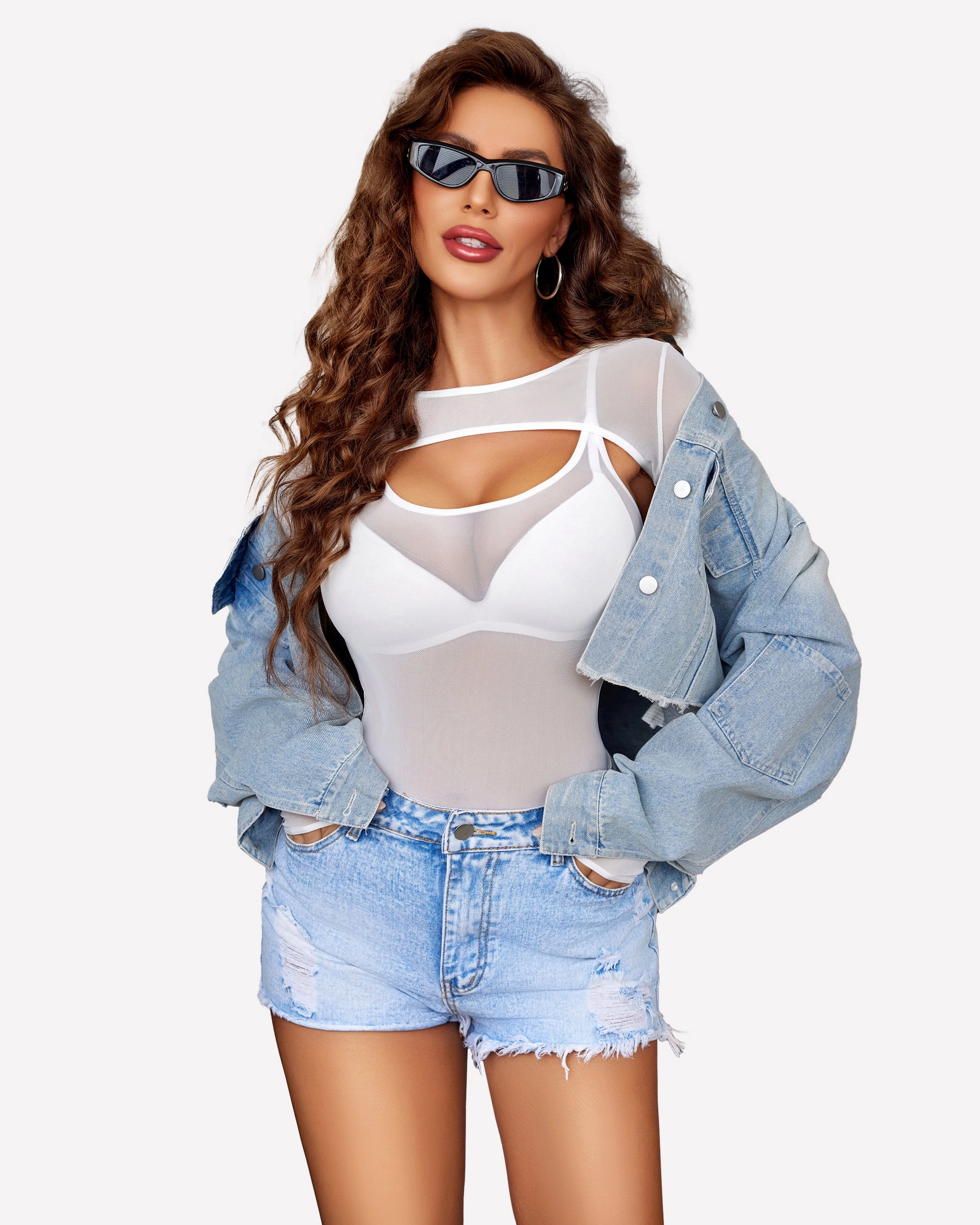 Long Sleeve Mesh Top Teddy Sheer Leotards
