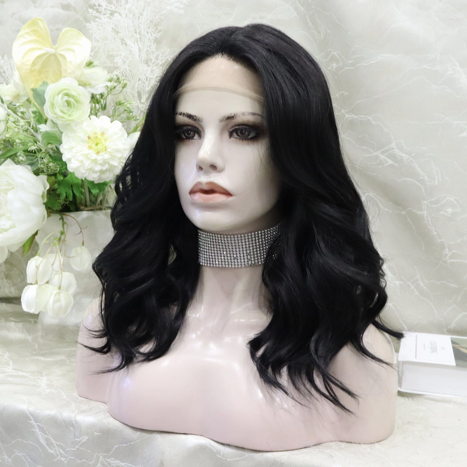 ON-SALE Zia Glueless nature black shoulder wavy lace front wig T parting adjustable Band