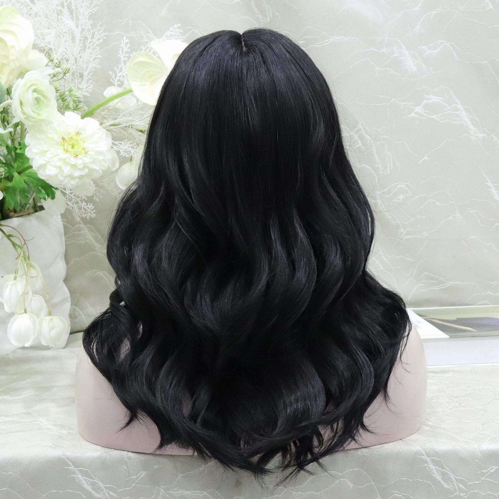 ON-SALE Zia Glueless nature black shoulder wavy lace front wig T parting adjustable Band