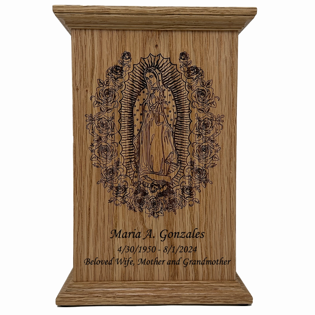 Our Lady of Guadalupe Urn in Oak